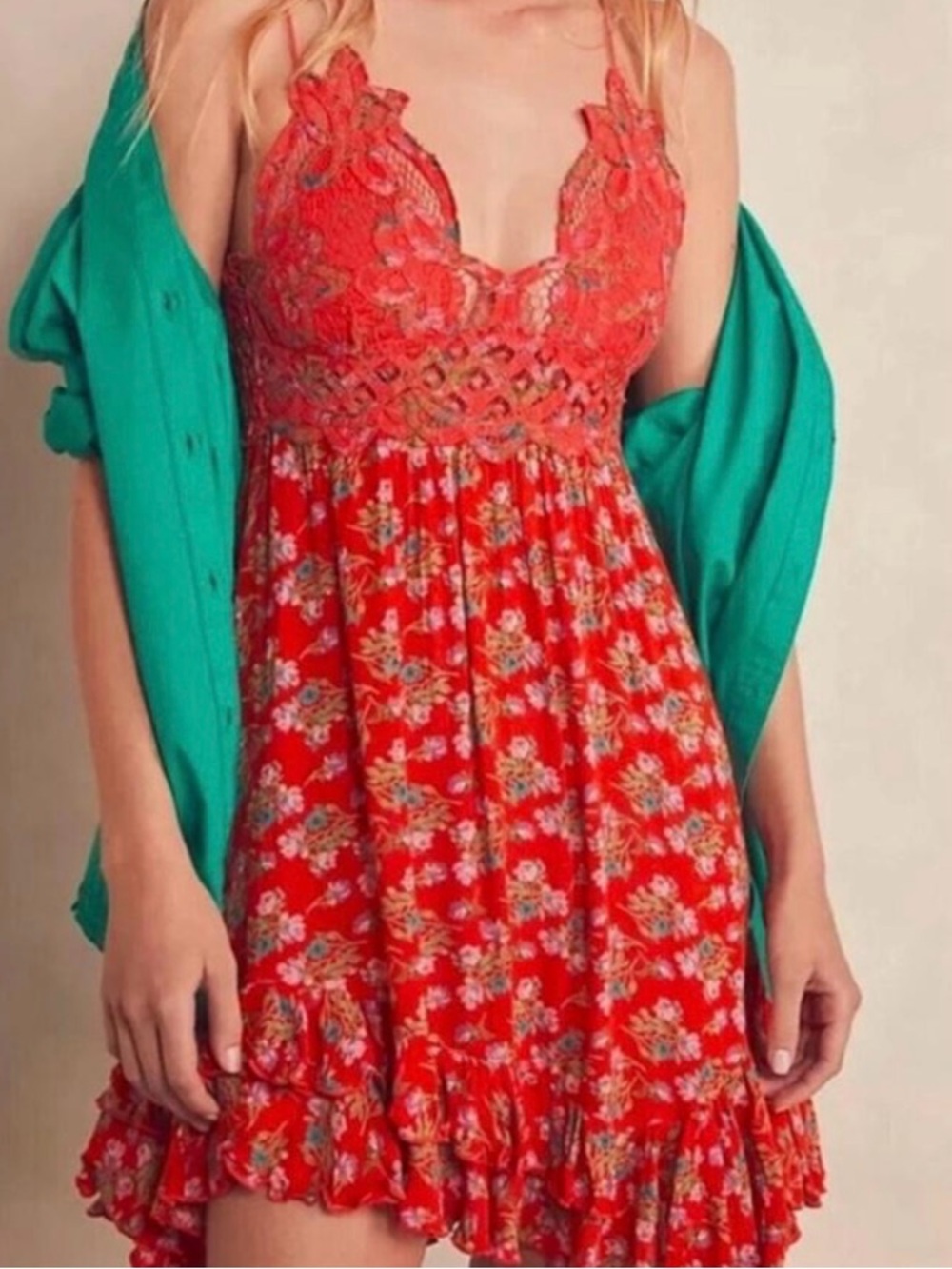 Free people Coral orange Adela slip Floral Spaghetti Strap Ruffle Dress